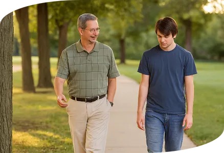 Tim Cureton walking and talking with a teenage client on a park path